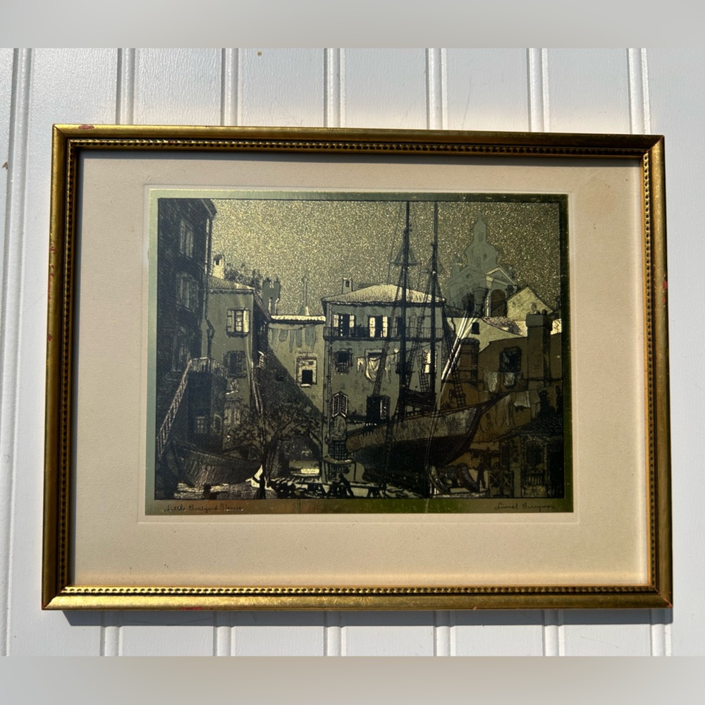 Vintage Art Lionel Barrymore Framed Little Boatyard Venice Gold Foil Etching